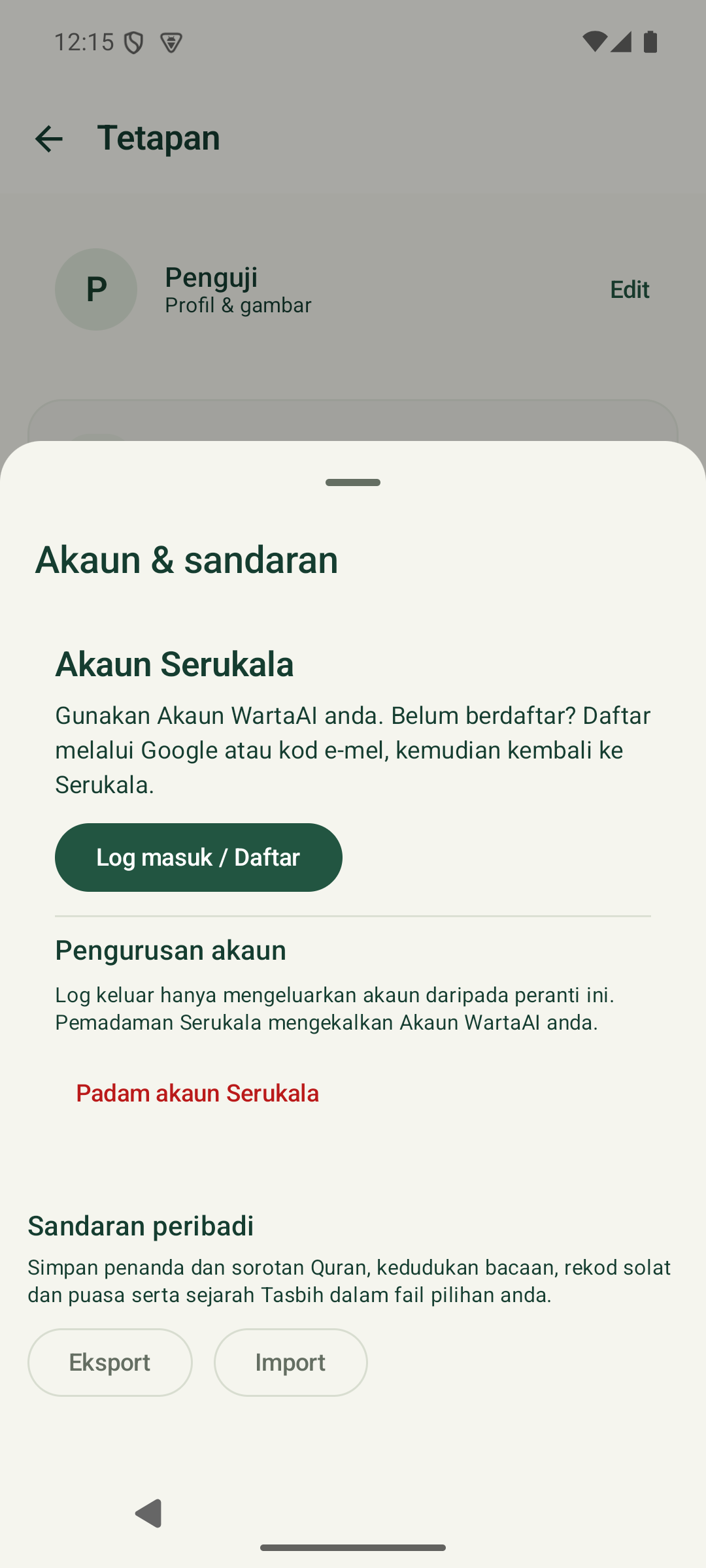 Akaun & sandaran dalam aplikasi Serukala beta