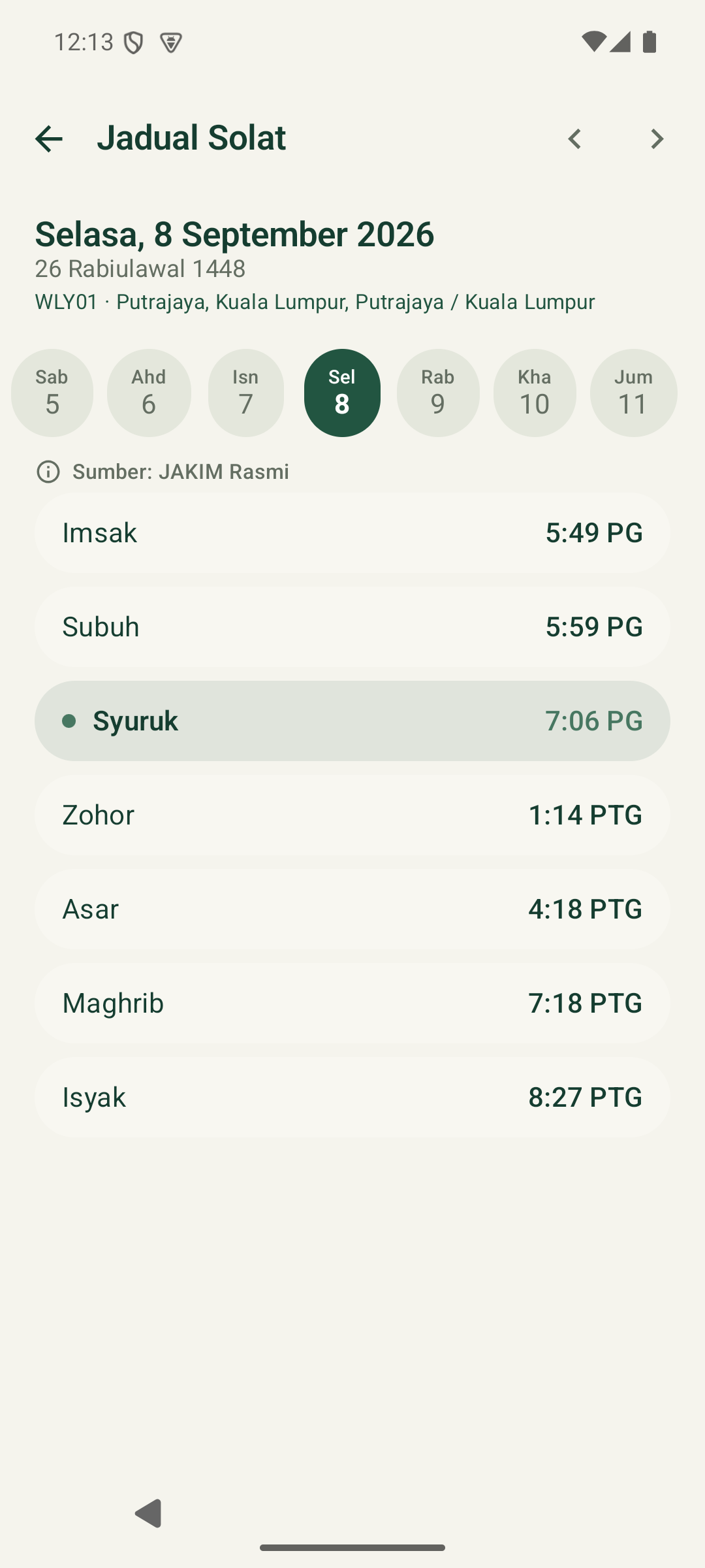 Jadual solat dalam aplikasi Serukala beta